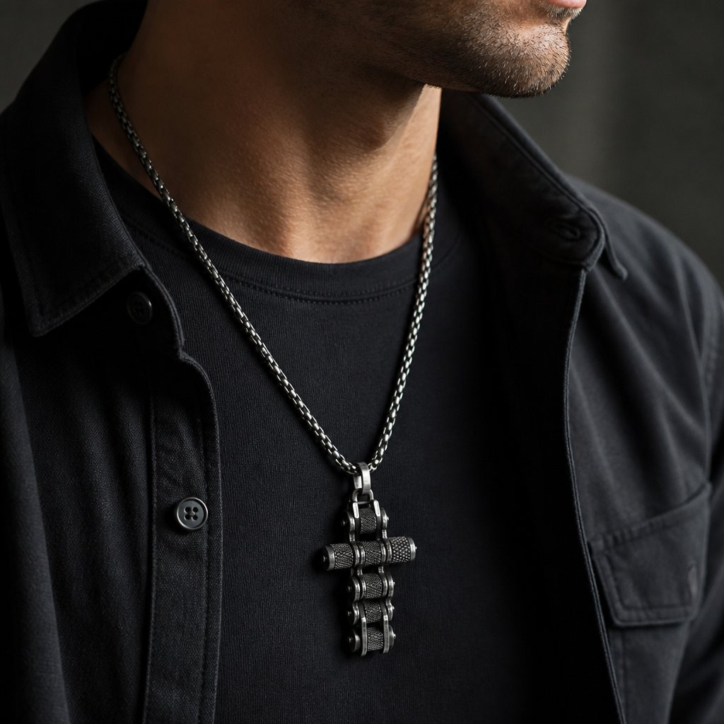 Chain Cross Necklace - Black/Silver