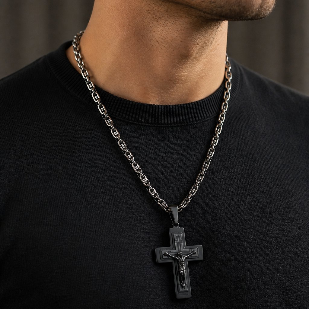Men's Necklace RE-38737 - Black / Silver / 70cm